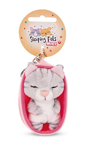 NICI- Llavero Mascotas dormilonas Gato Gris a Rayas 8cm, Color Grey (48841)