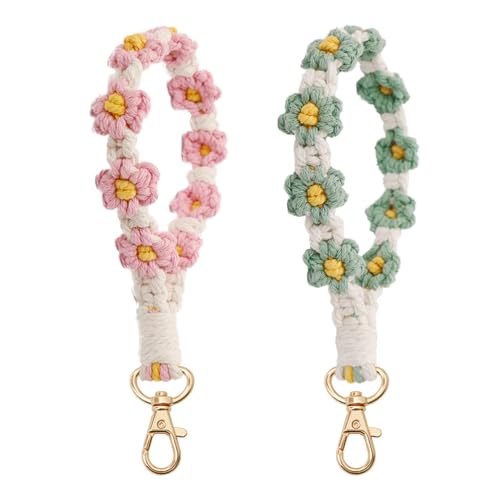 2 llaveros de macramé hechos a mano con diseño de margaritas, llavero con...