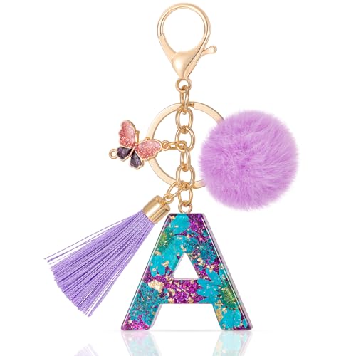 MWOOT Mariposa Pompon Borlas para Letras Llaveros Morado, Nombre Keychain...