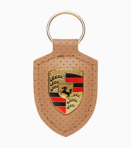 Llavero original de Porsche de piel, color beige y marrón con escudo...