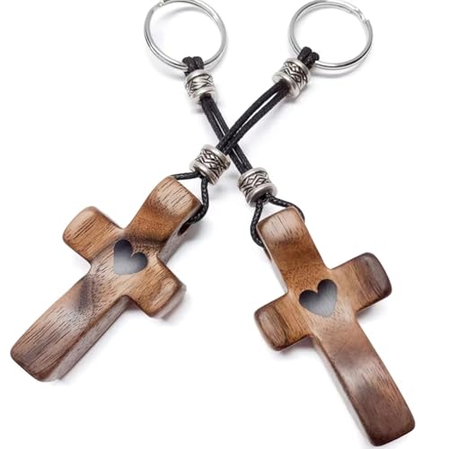 Wouueso 2 llaveros de madera de nogal con cruz portátil, con punta de dedos,...