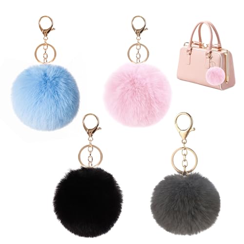 Set de 4 Llaveros de Pompones Coloridos, Colgantes de Peluche para Bolsos,...