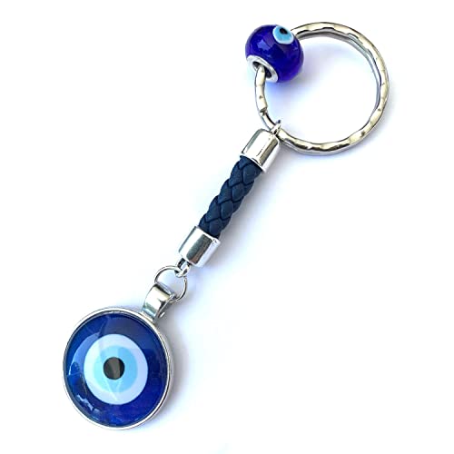 Llavero amuleto ojo turco azul. Llavero cuero trenzado azul y abalorios en color...
