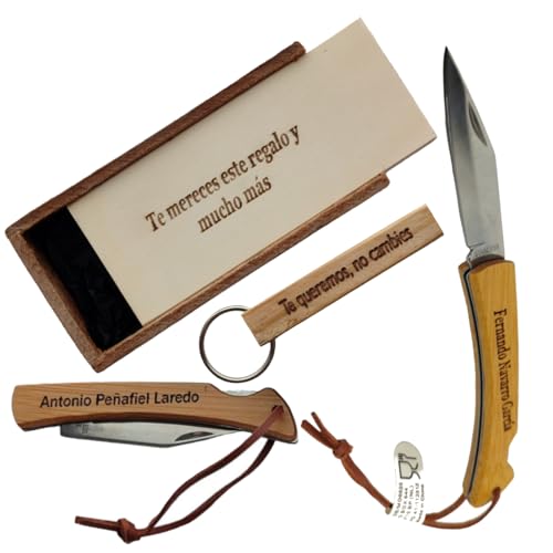 Navaja Personalizada grabada y Llavero - Estuche set de Madera con mensaje -...