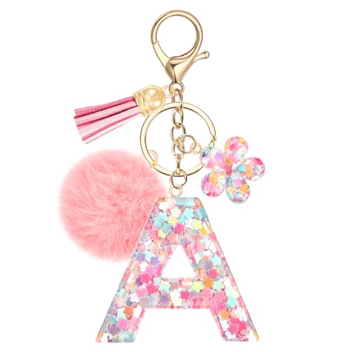 JSRQT Llavero Pompones con Letra Inicial Rosa A para Mujeres Niñas, Nombre...