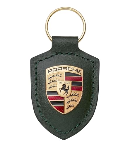 Porsche Llavero con escudo de cuero en color verde roble metálico, Verde