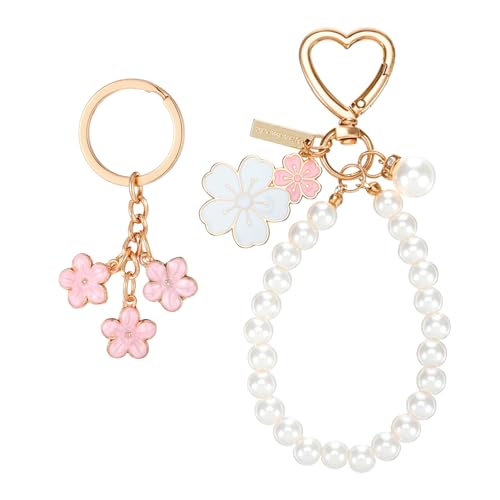 LIQWEI 2 llaveros de perlas rosas, llaveros de pulsera para mujer, bonitas...