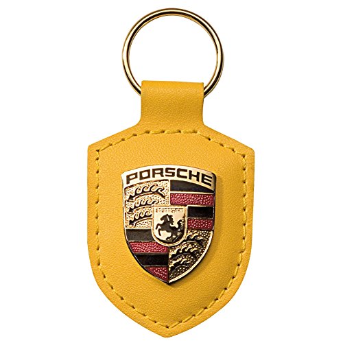 Porsche Llavero original de piel amarilla con escudo de metal en caja de...