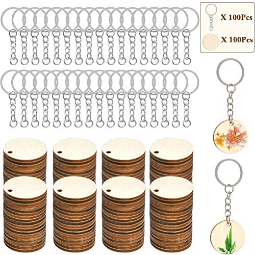 FOCCTS 100pcs Maderas para manualidades con llaveros madera, Rodajas de madera...