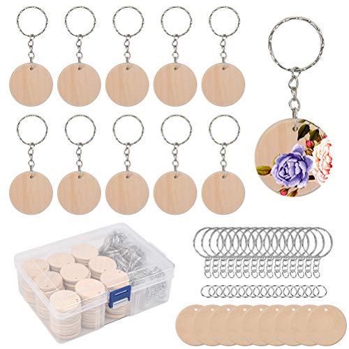 100pcs Rodajas de Madera Redondo con 100pcs Anillos de Llavero Adecuado para...